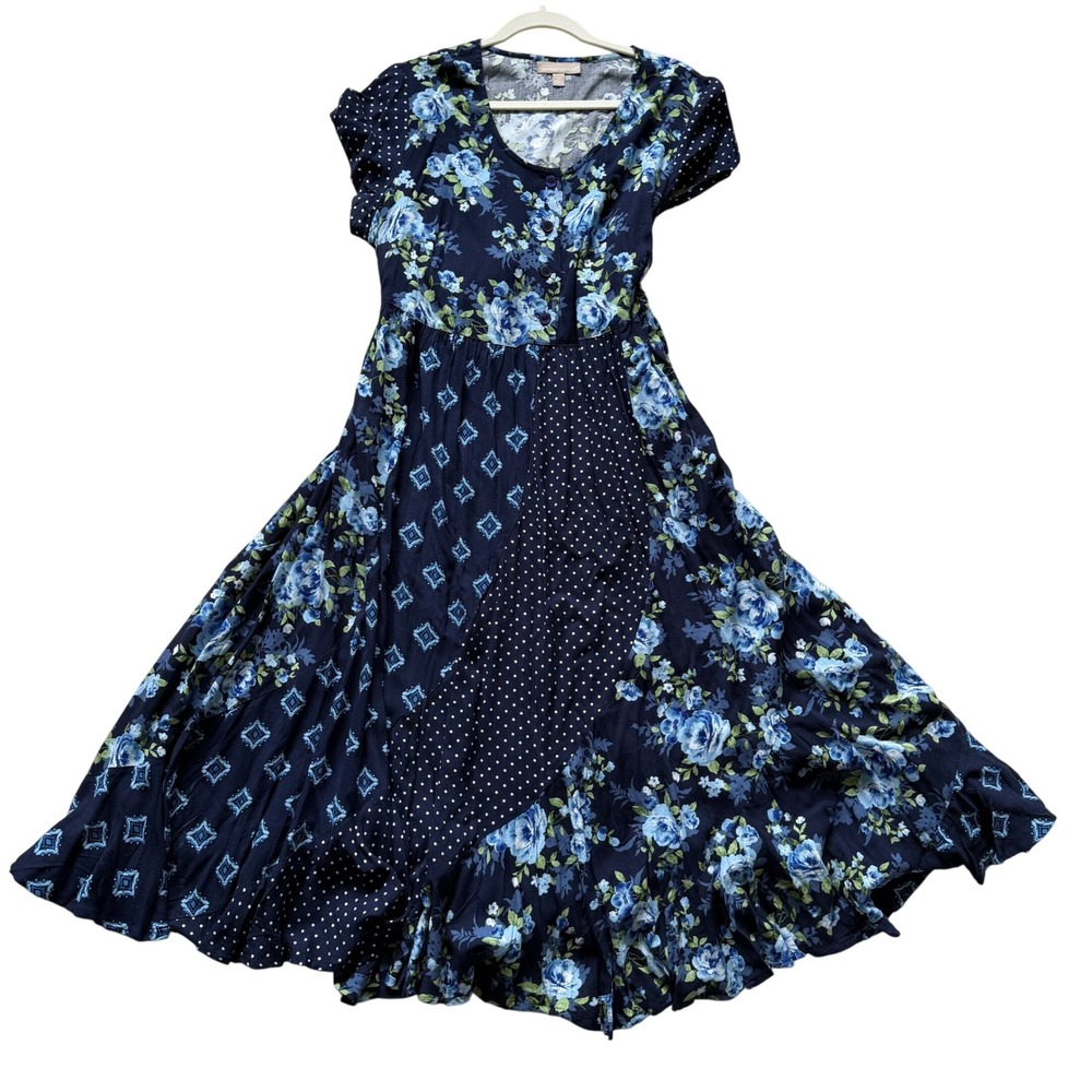 Woman Within Navy Blue Floral Polka Dot Patch Mixed Print Maxi Dress 16W Cottage